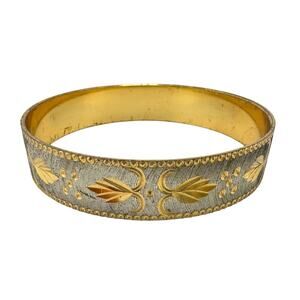 Vintage Diamond Cut Two Tone Ornate Leaf Pattern Fashion Bangle 8" Bracelet